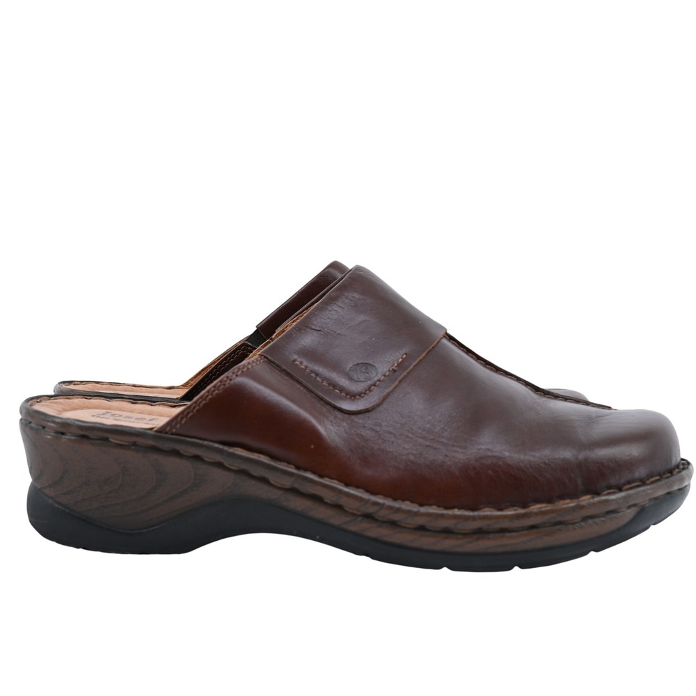 Retail $145 Josef Seibel  Catalonia Brown Leather Wedge Clog Mules Slip On Shoes - Picture 7 of 12